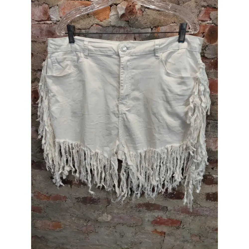 American Bazi Womens Fringe Jean Shorts Size 2X White Denim Cutoff Boho Festival